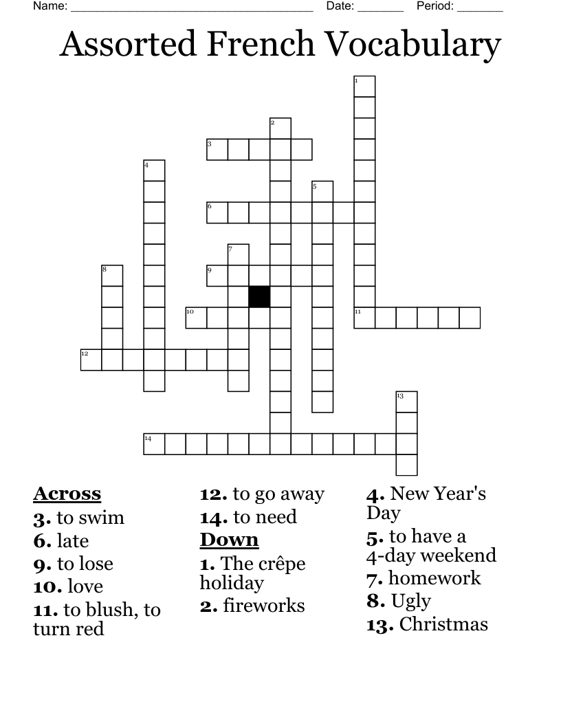 Assorted French Vocabulary Crossword