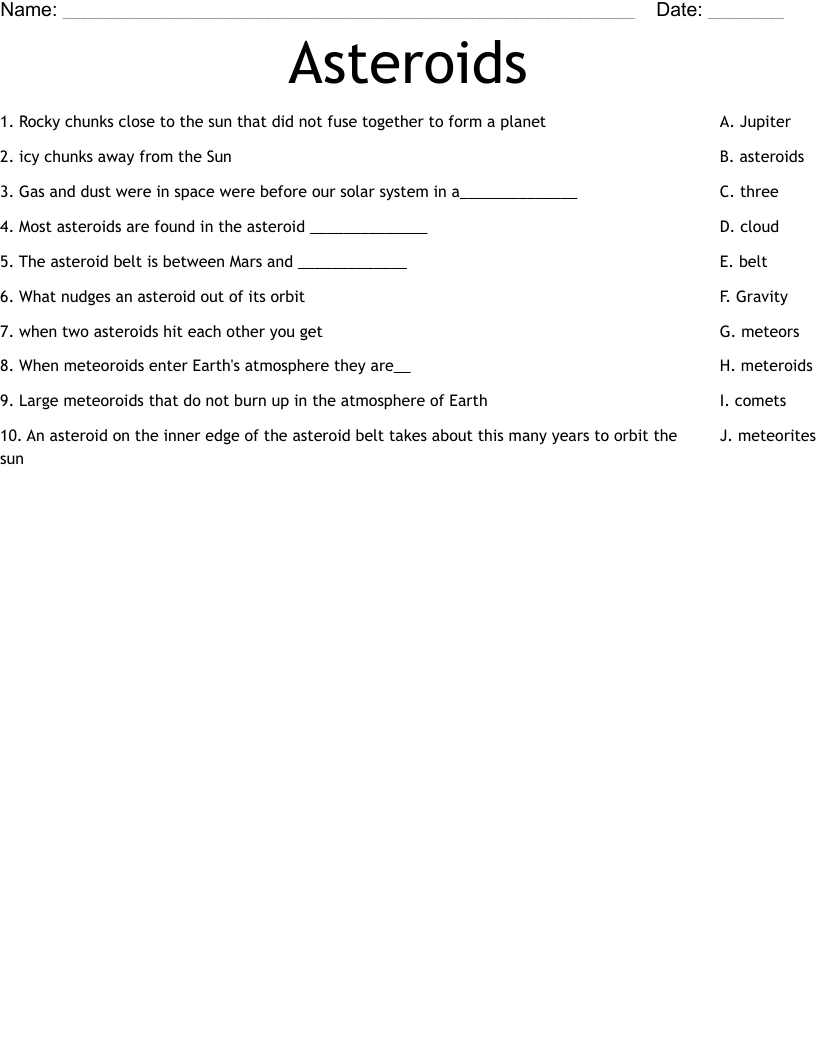 Asteroids Worksheet