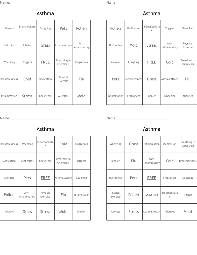 Asthma Bingo Cards