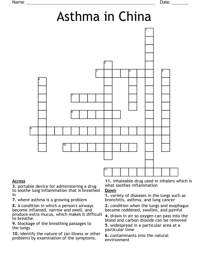 Asthma in China  Crossword