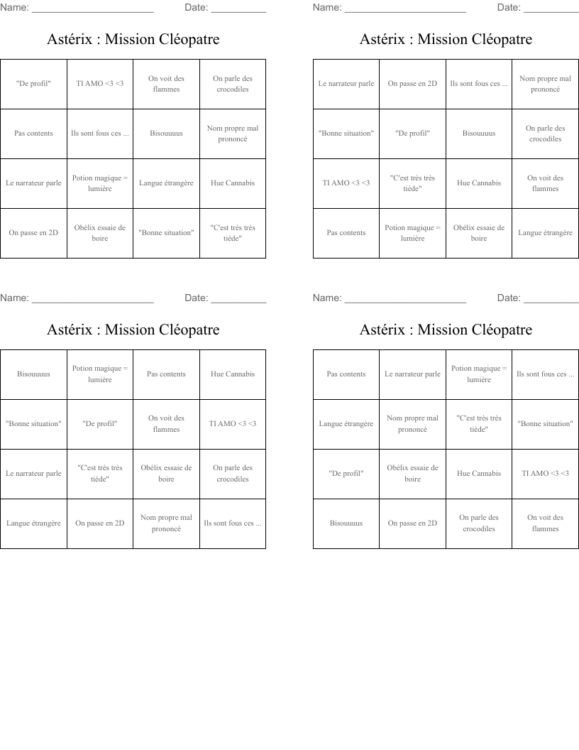 Astérix : Mission Cléopatre Bingo Cards
