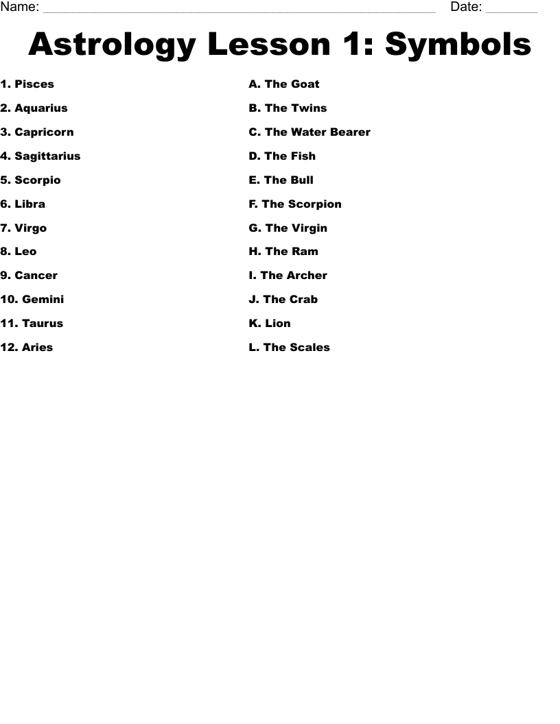 Astrology Lesson 1: Symbols Worksheet