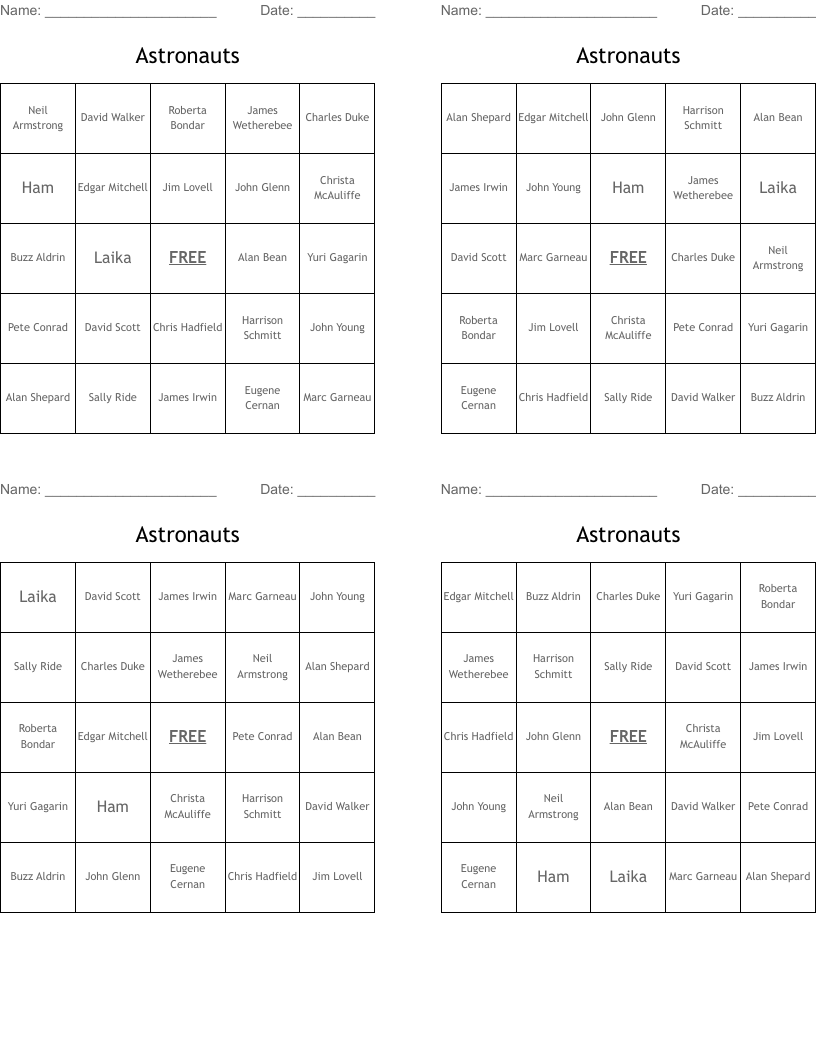 Astronauts Bingo Cards