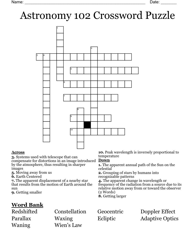 Astronomy 102 Crossword Puzzle