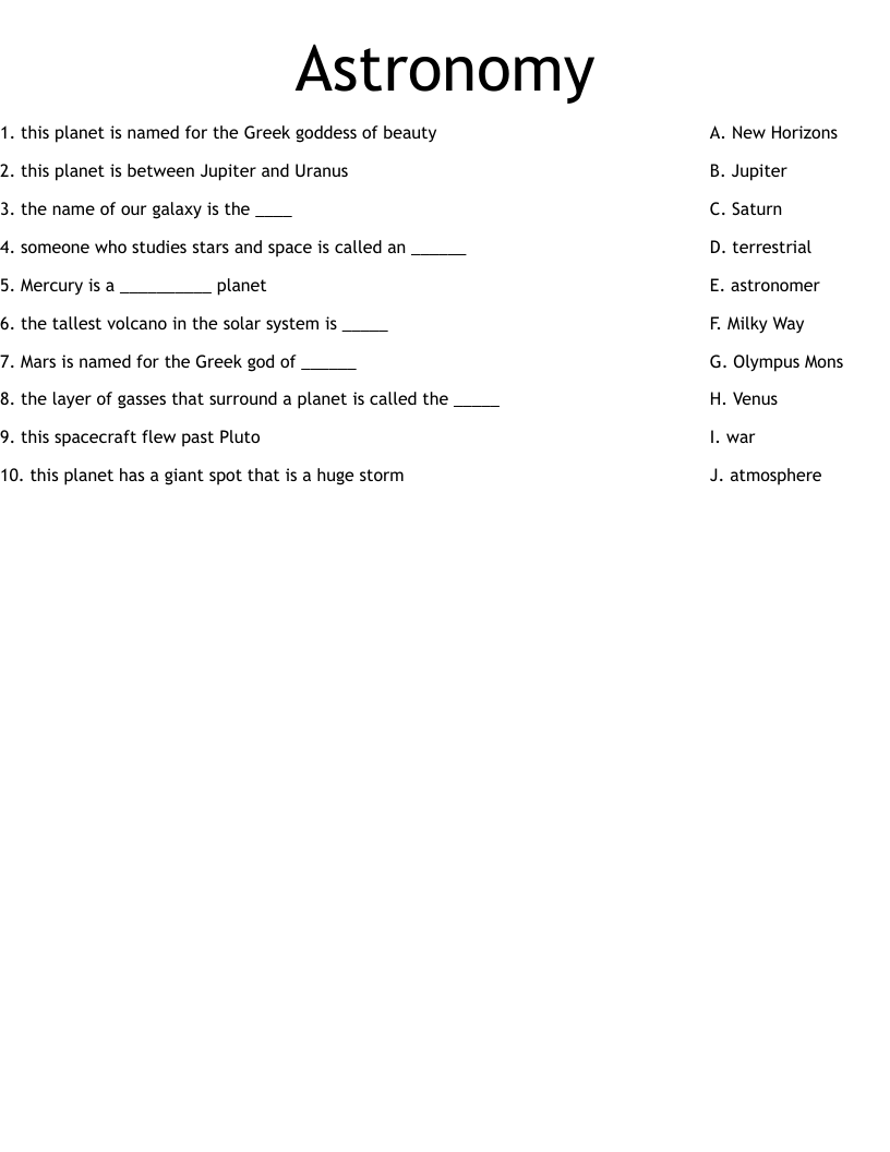 Astronomy Worksheet