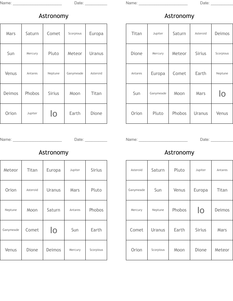 Astronomy Bingo Cards
