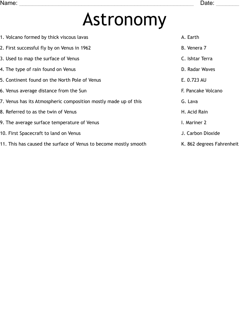Astronomy Worksheet