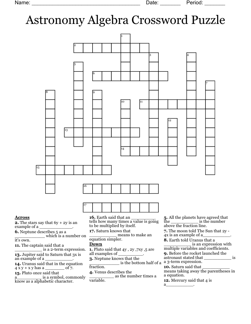 Astronomy Algebra Crossword Puzzle