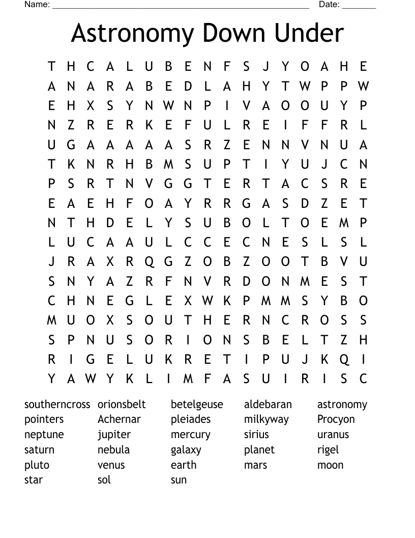 Astronomy Down Under Word Search