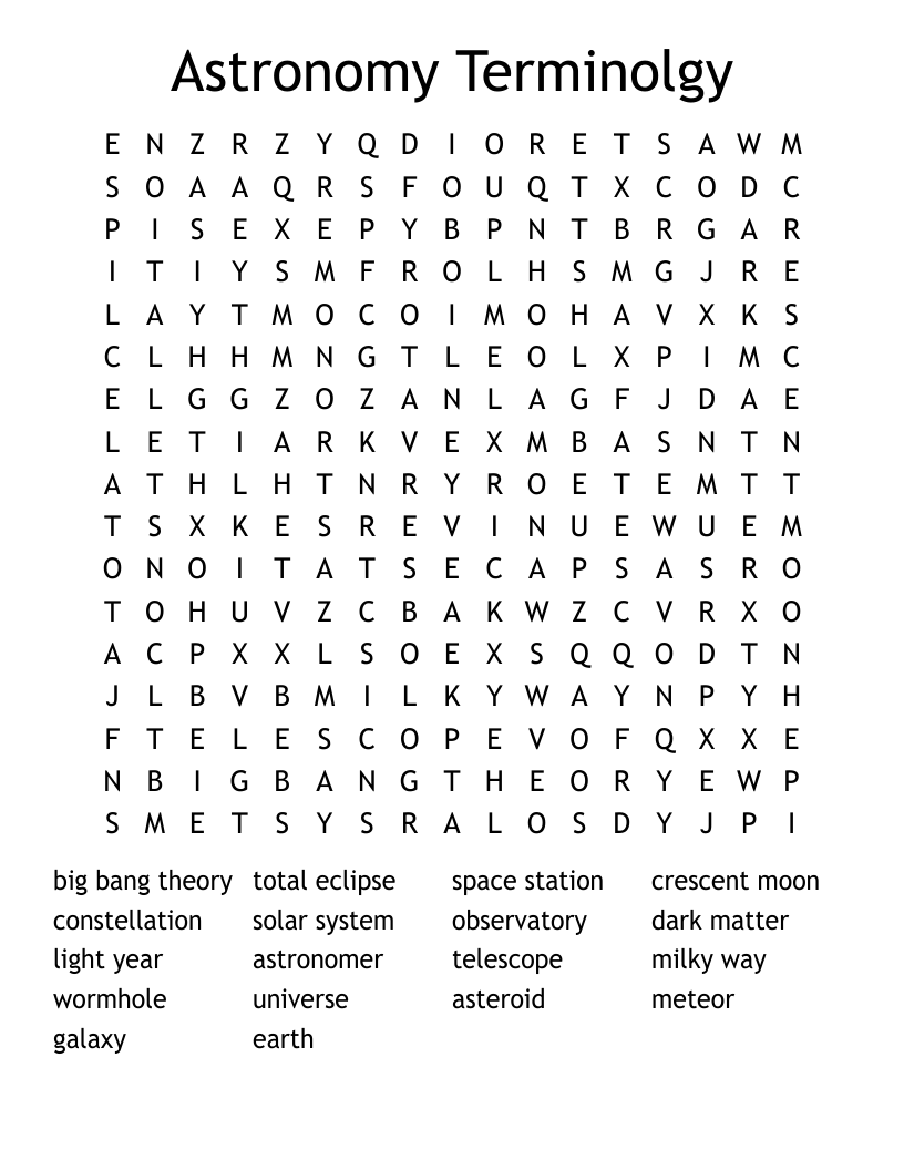 Astronomy Terminolgy Word Search
