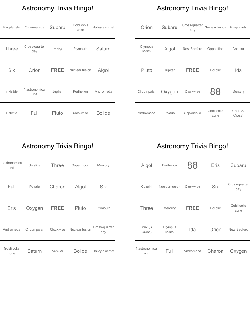 Astronomy Trivia Bingo!