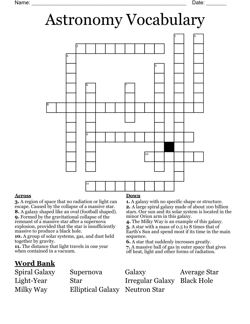 Astronomy Vocabulary Crossword