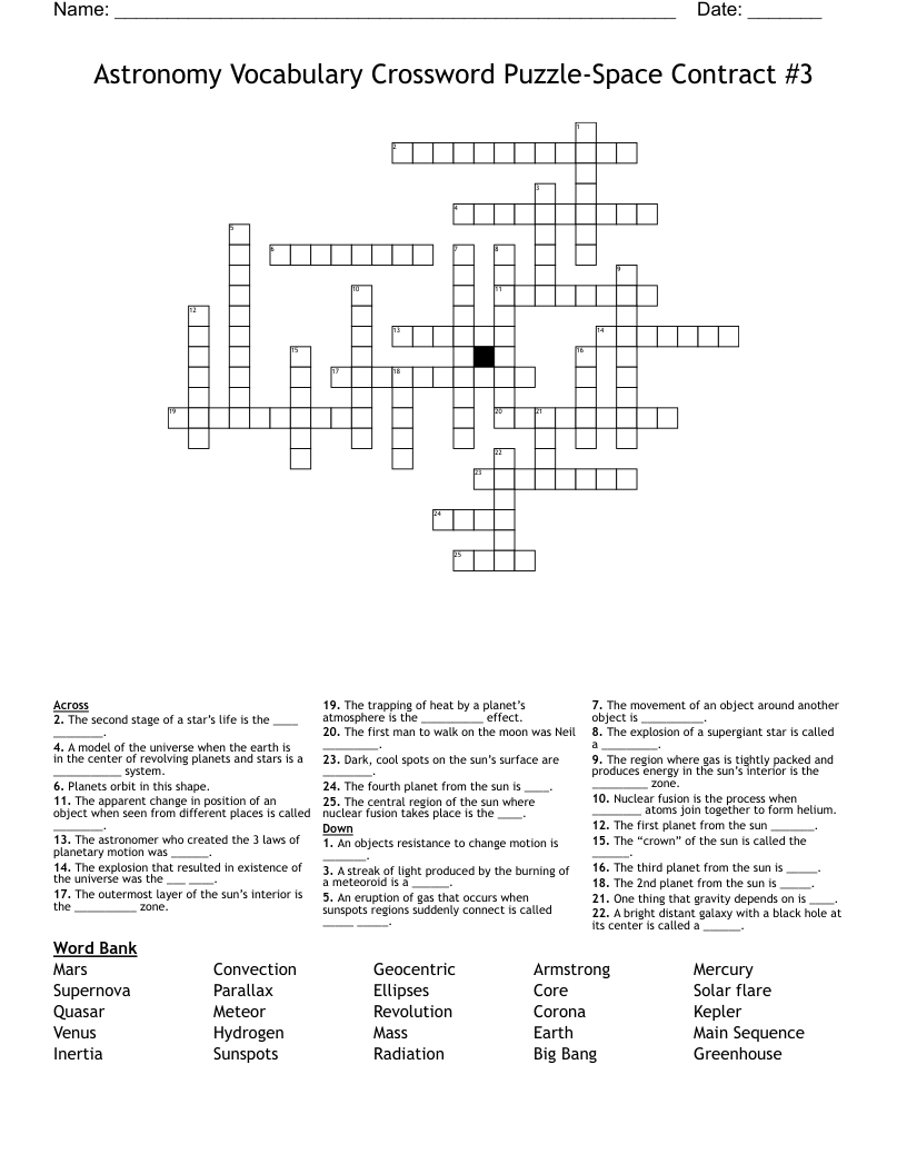 Astronomy Vocabulary Crossword Puzzle-Space Contract #3