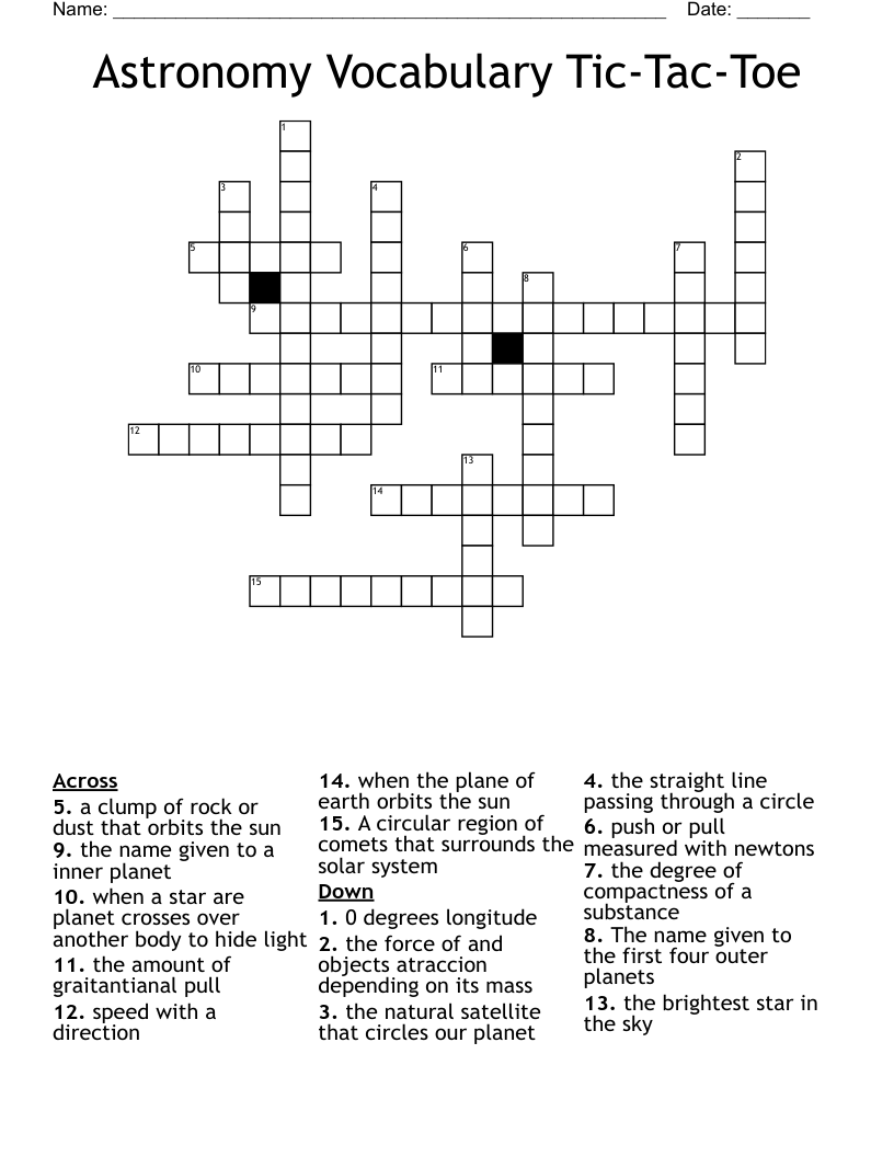 Astronomy Vocabulary Tic-Tac-Toe Crossword