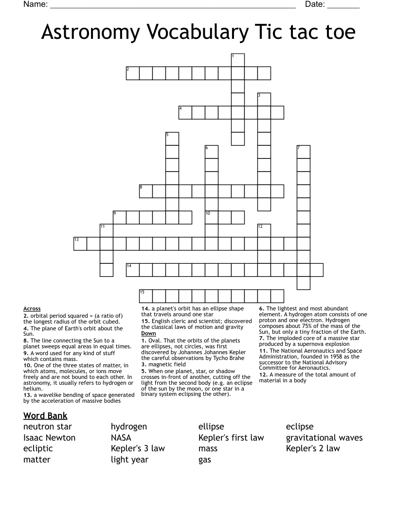 Astronomy Vocabulary Tic tac toe Crossword