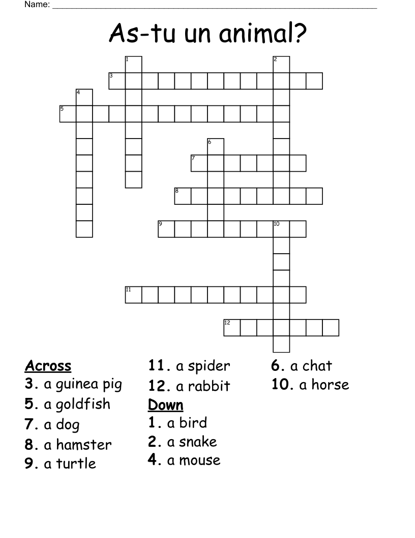 As-tu un animal? Crossword