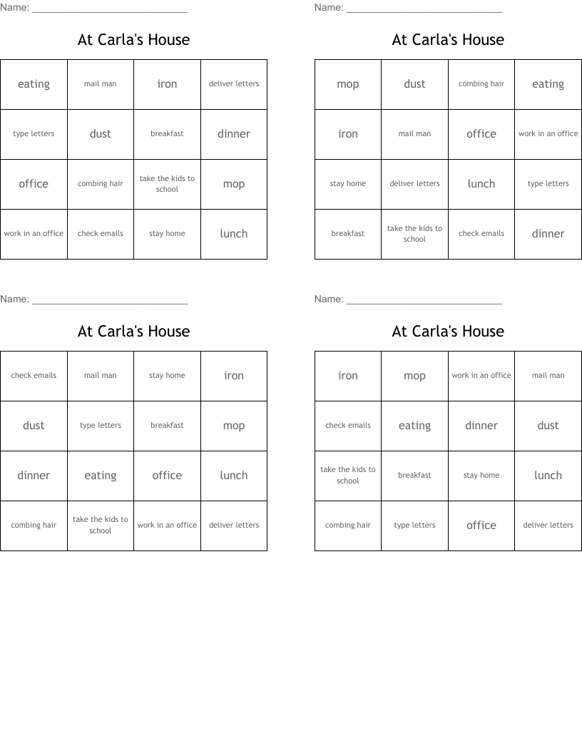 At Carla's House Bingo Cards