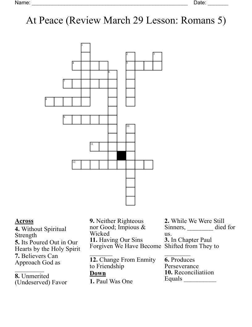 At Peace (Review March 29 Lesson: Romans 5) Crossword