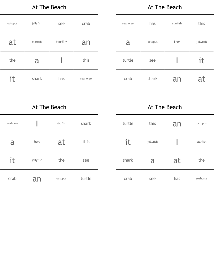 At The Beach Bingo Cards