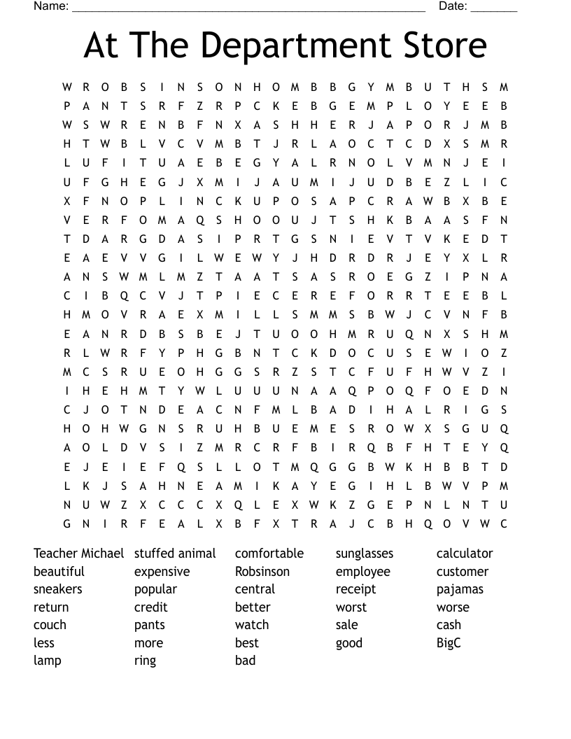At The Department Store Word Search