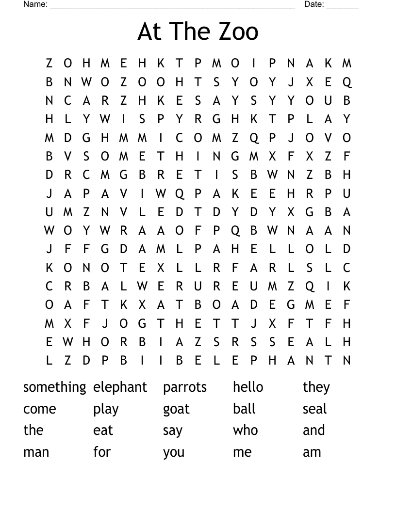 At The Zoo Word Search