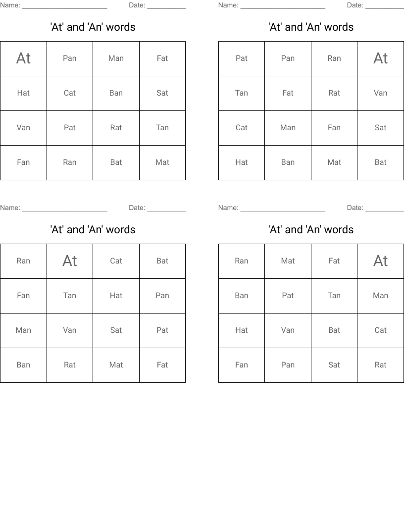 'At' and 'An' words Bingo Cards