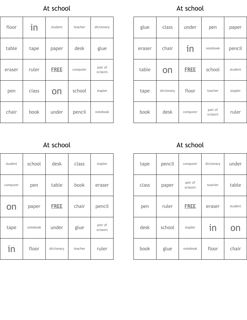 At school Bingo Cards
