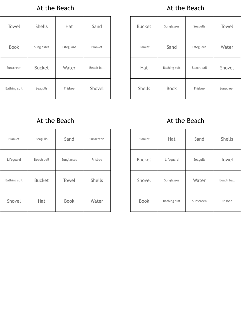 At the Beach Bingo Cards