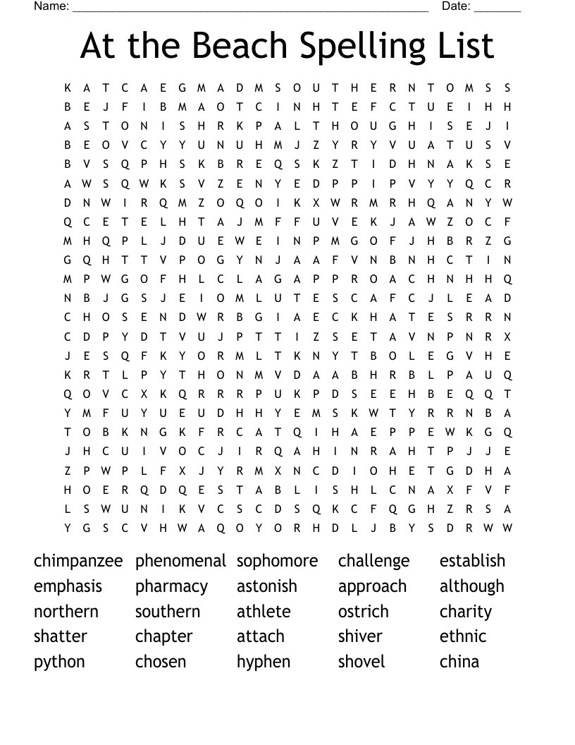 At the Beach Spelling List Word Search