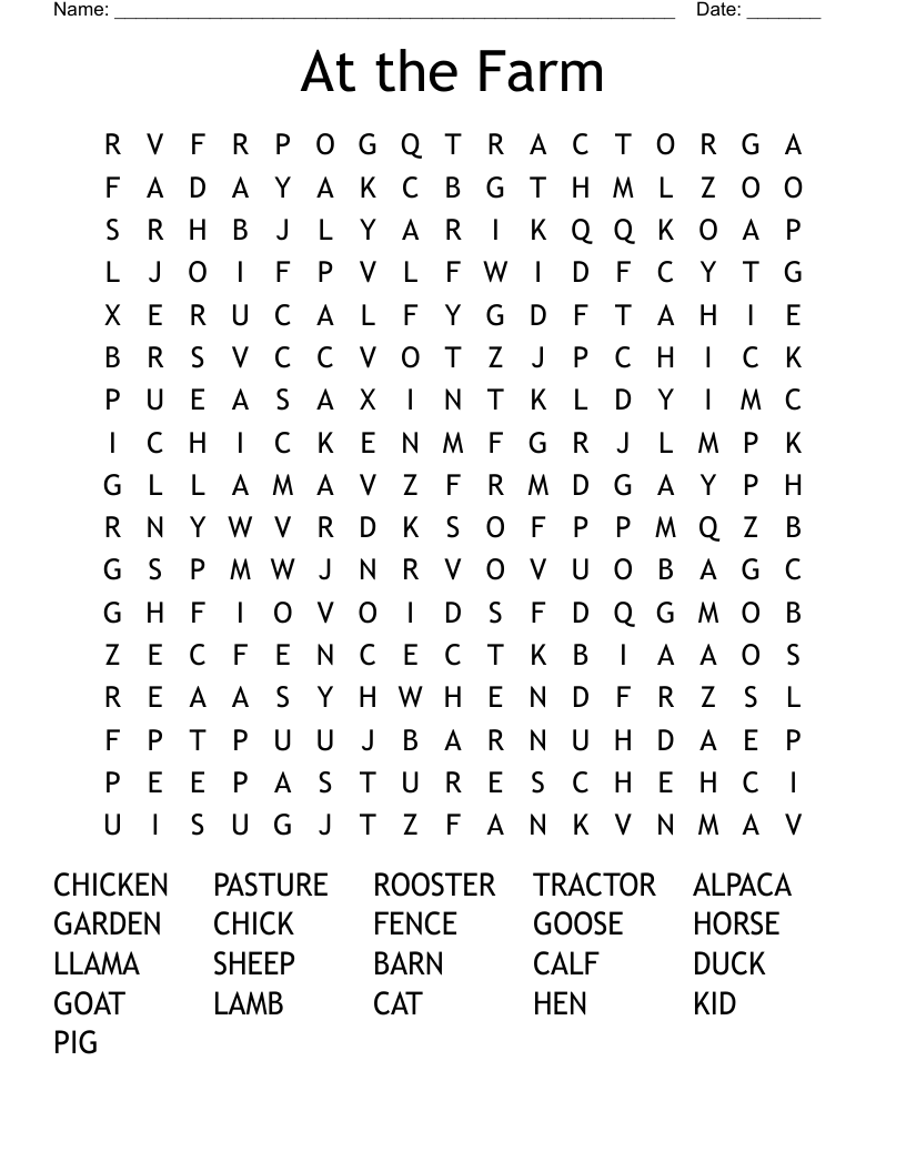 At the Farm Word Search