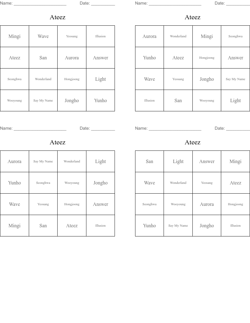 Ateez Bingo Cards