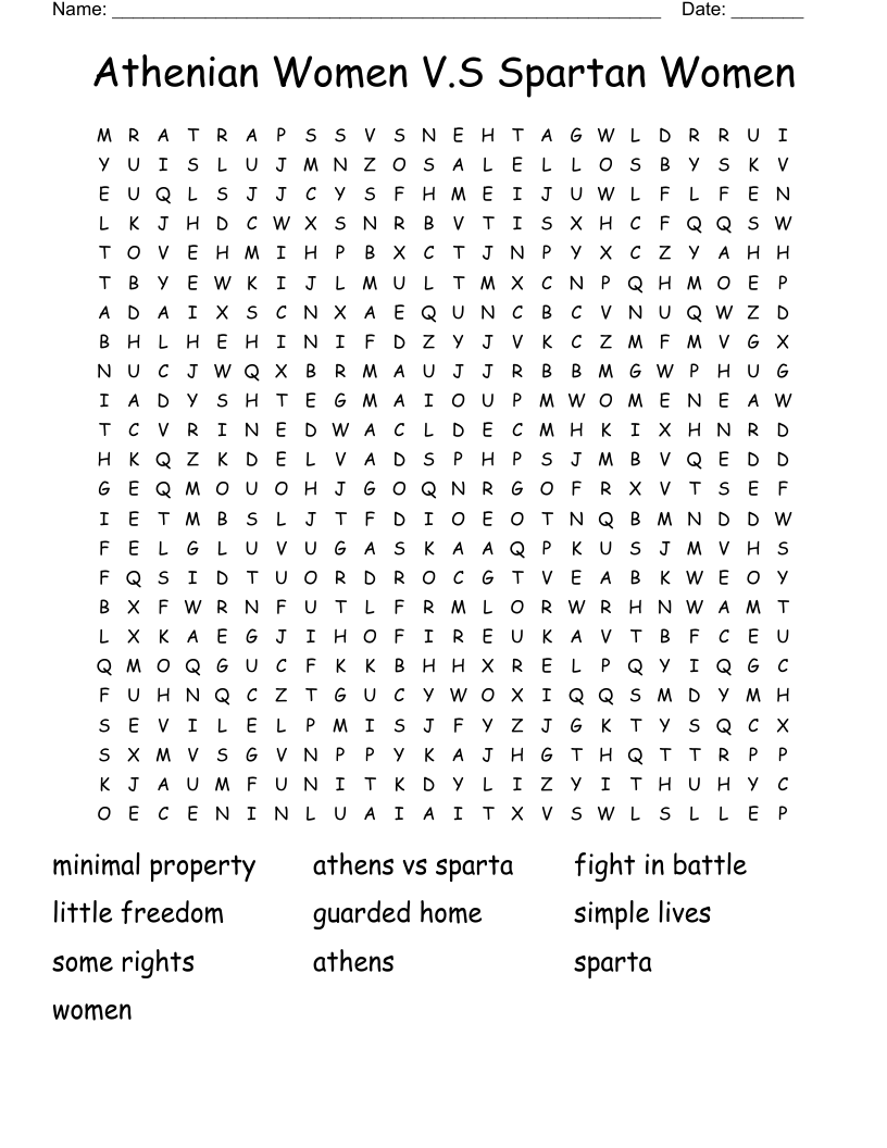Athenian Women V.S Spartan Women Word Search