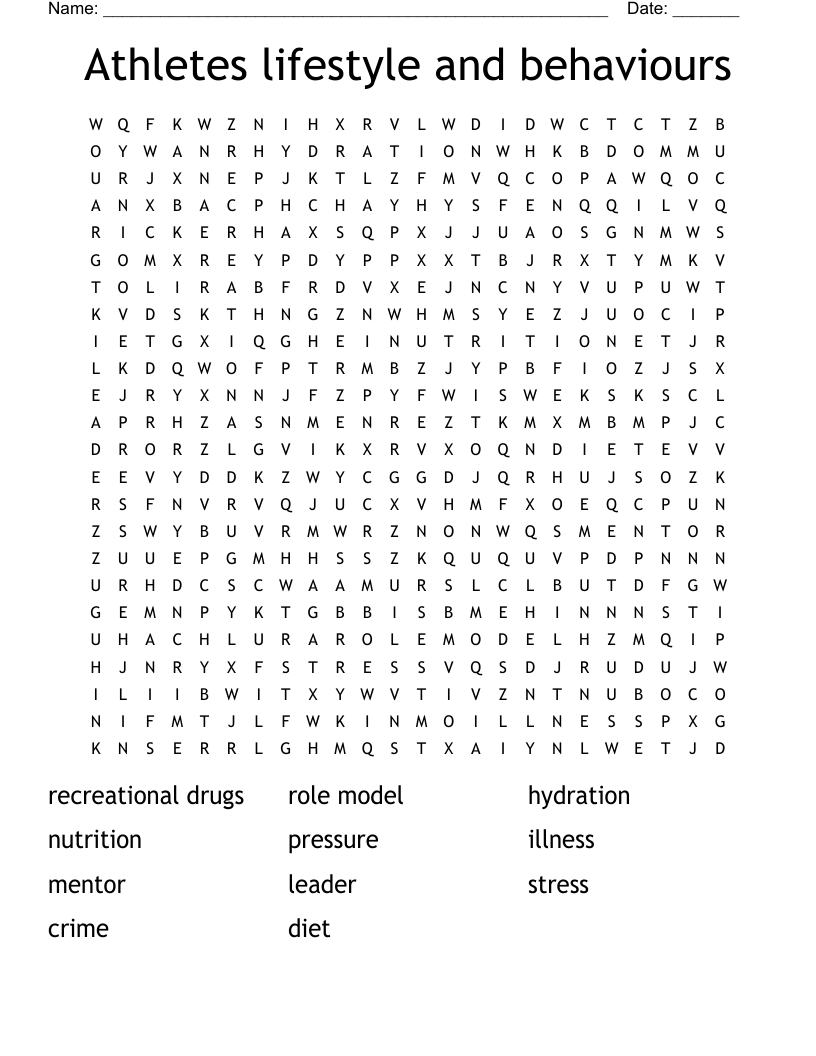 Athletes lifestyle and behaviours Word Search