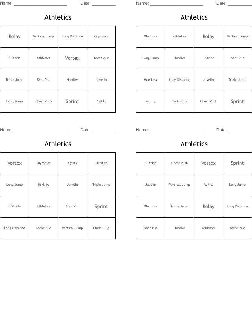 Athletics Bingo Cards