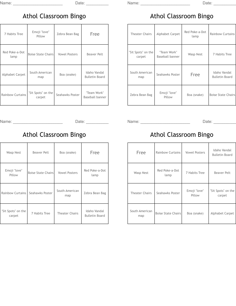 Athol Classroom Bingo