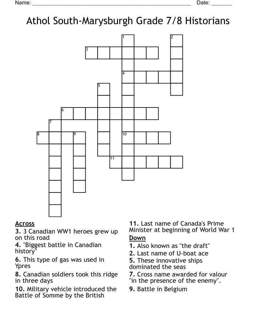 Athol South-Marysburgh Grade 7/8 Historians Crossword