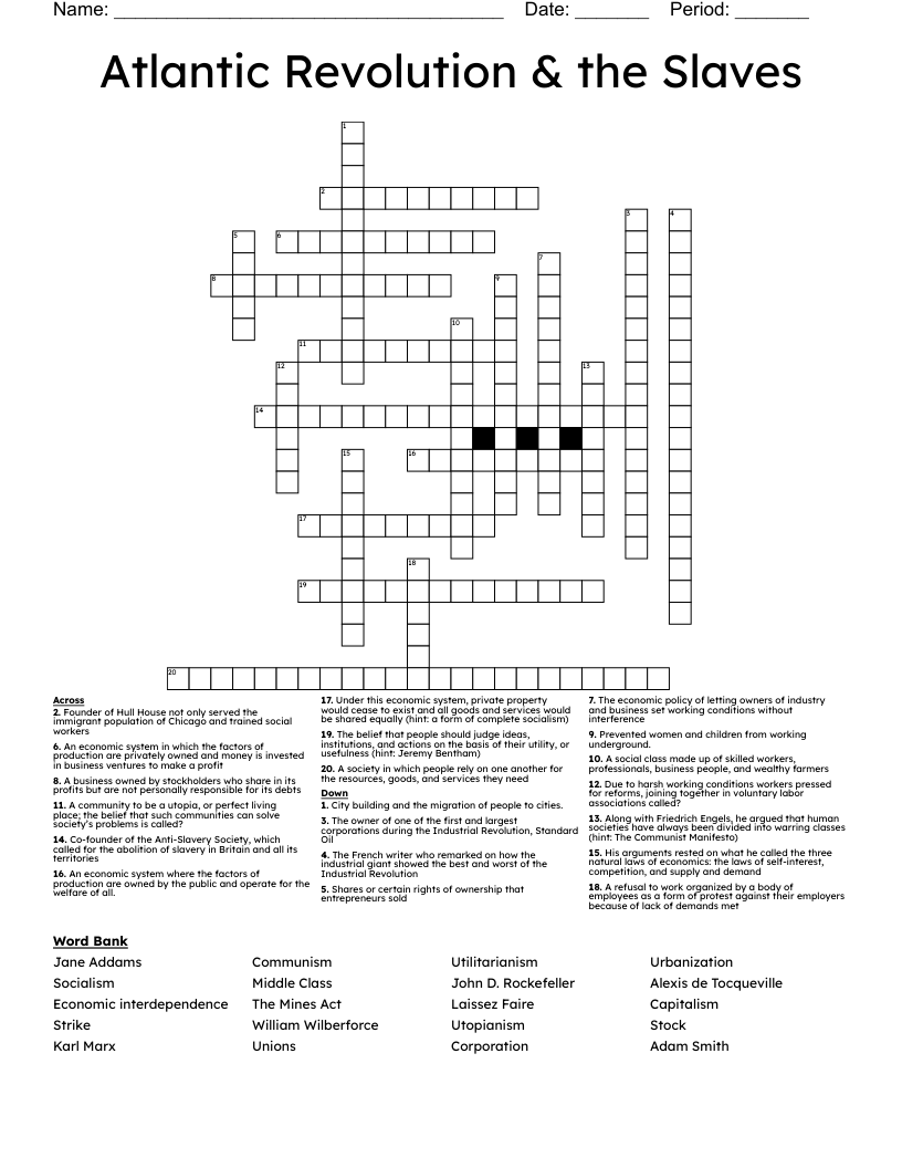 Atlantic Revolution & the Slaves  Crossword