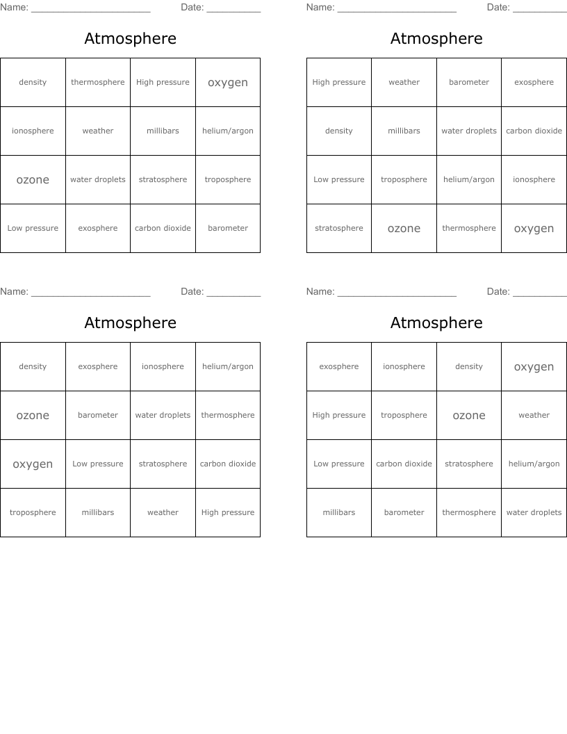Atmosphere Bingo Cards