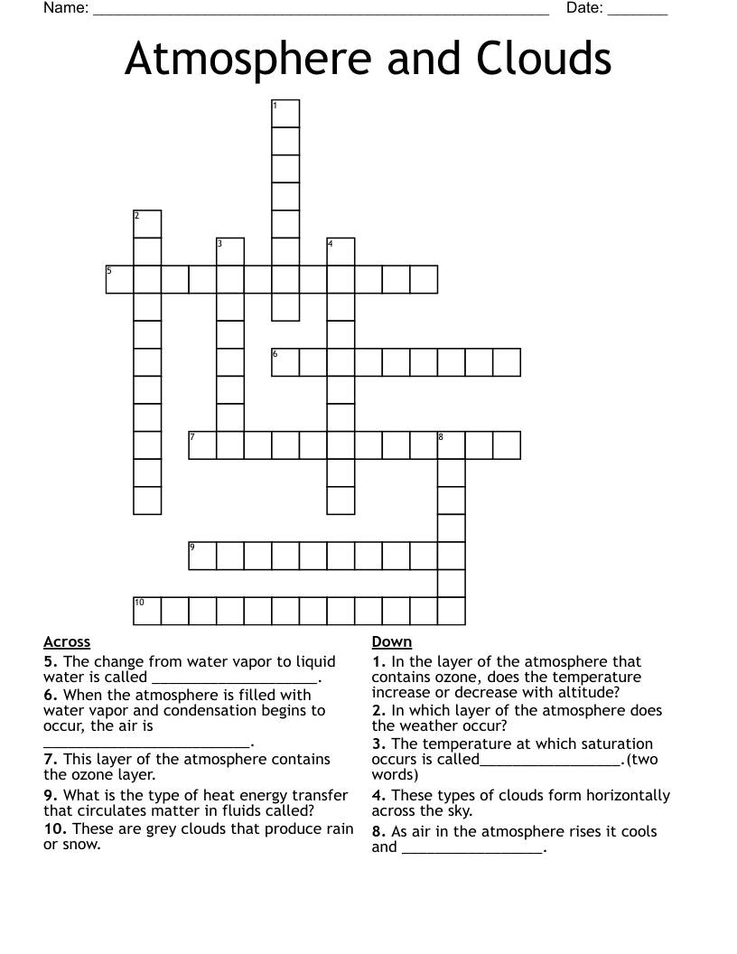 Atmosphere and Clouds Crossword