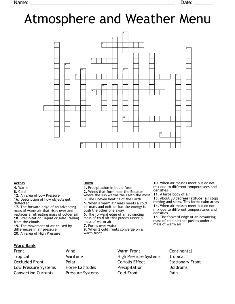 Atmosphere and Weather Menu Crossword