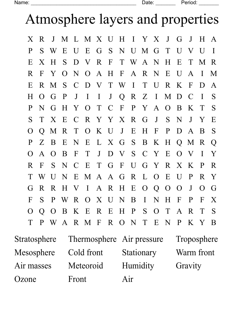 Atmosphere layers and properties Word Search