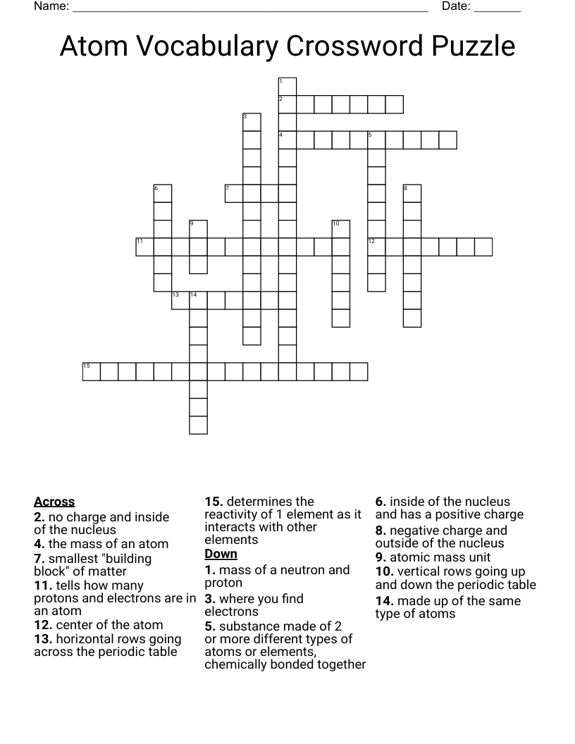 Atom Vocabulary Crossword Puzzle