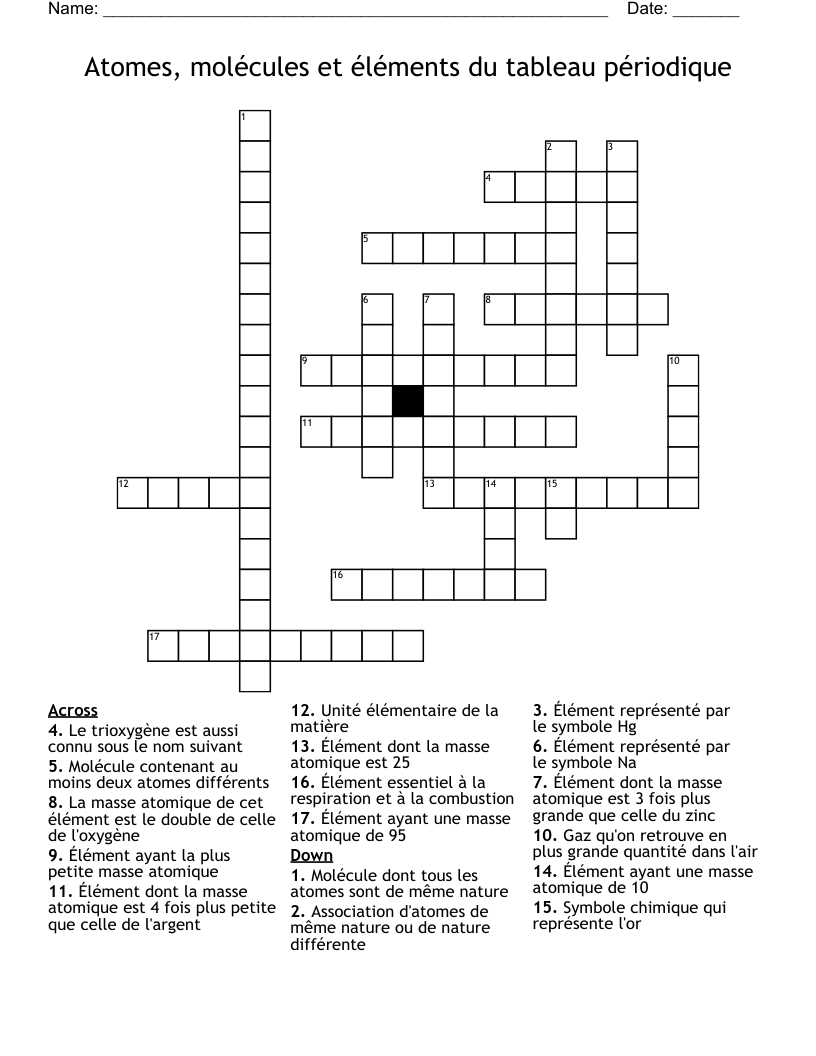 Atomes, molécules et éléments du tableau périodique Crossword