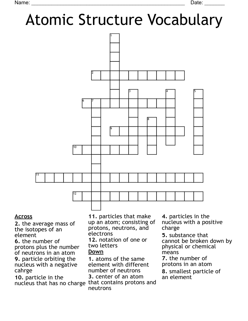 Atomic Structure Vocabulary Crossword