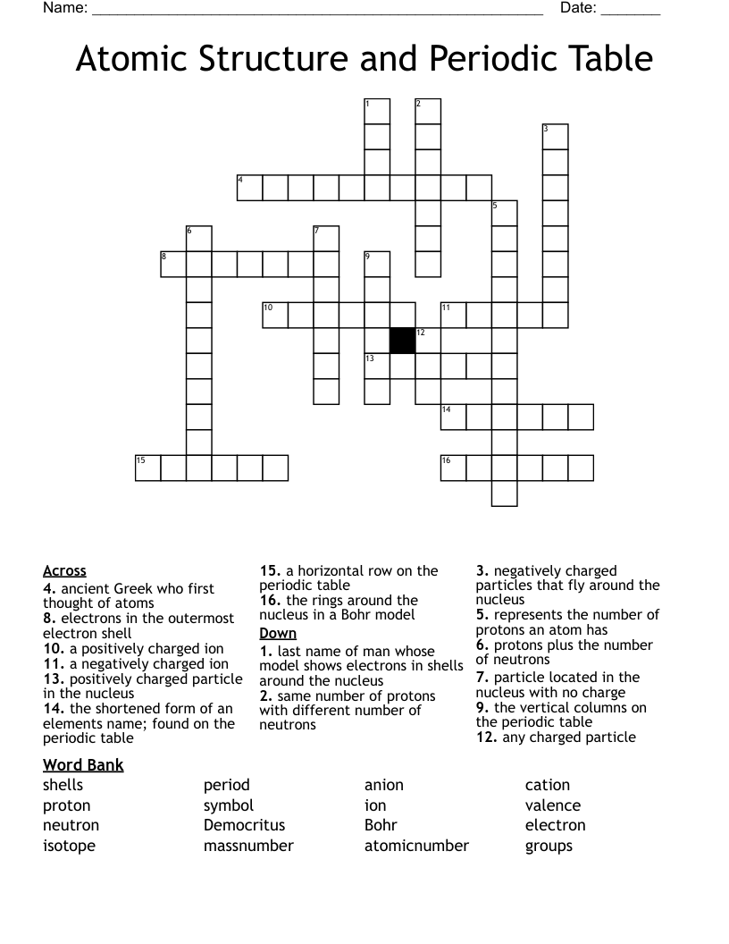 Atomic Structure and Periodic Table Crossword