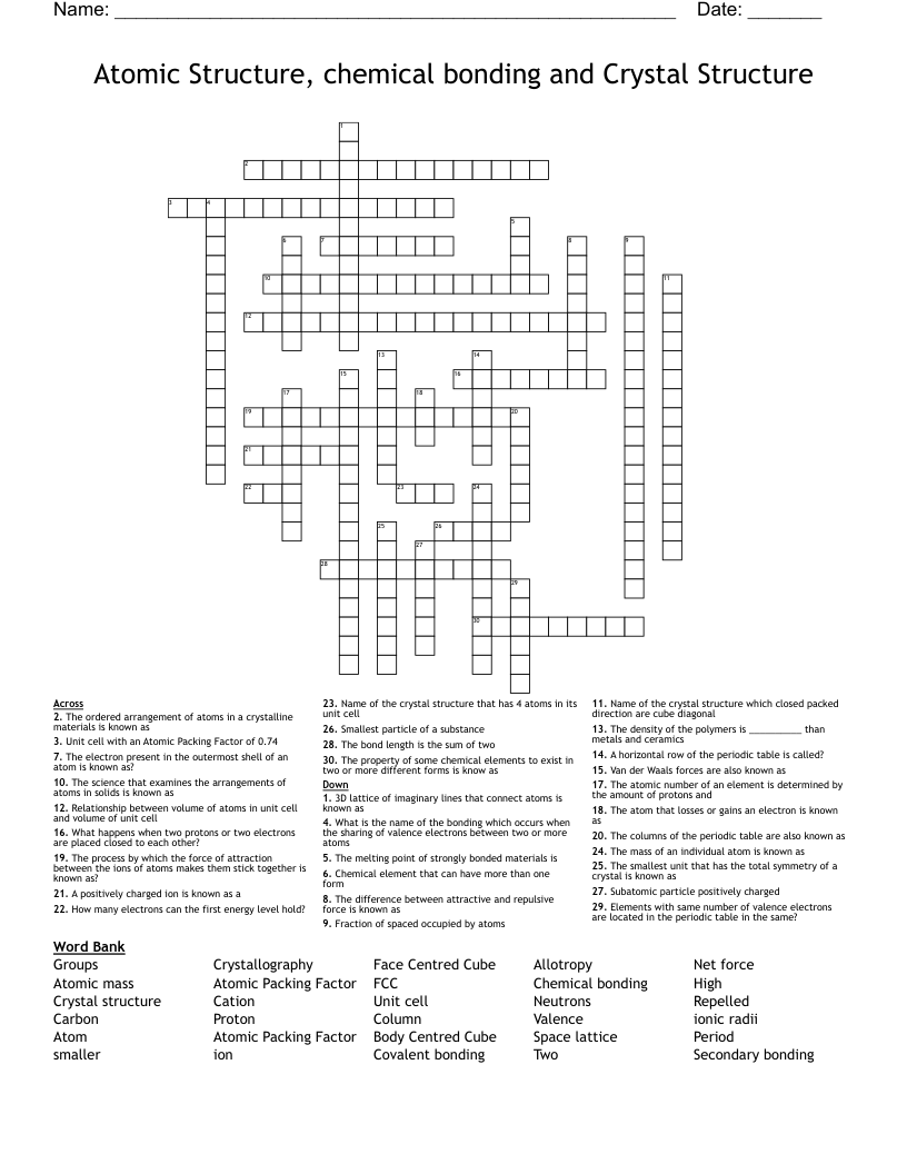 Atomic Structure, chemical bonding and Crystal Structure Crossword
