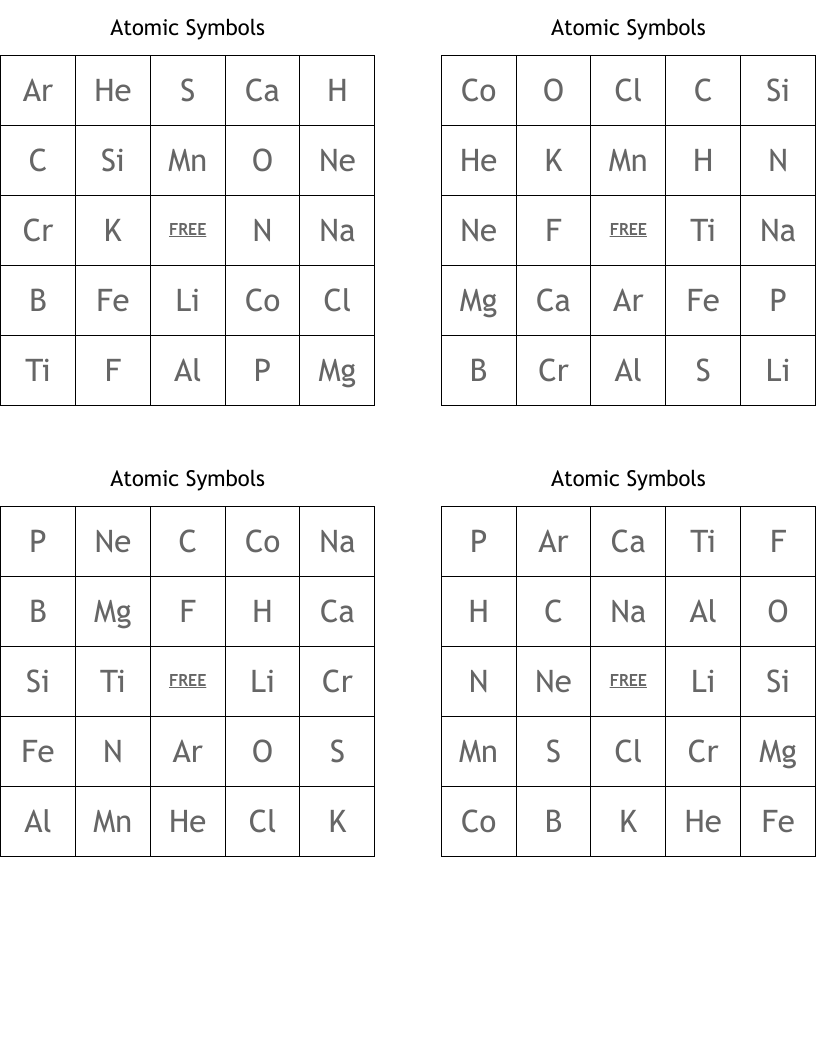 Atomic Symbols Bingo Cards