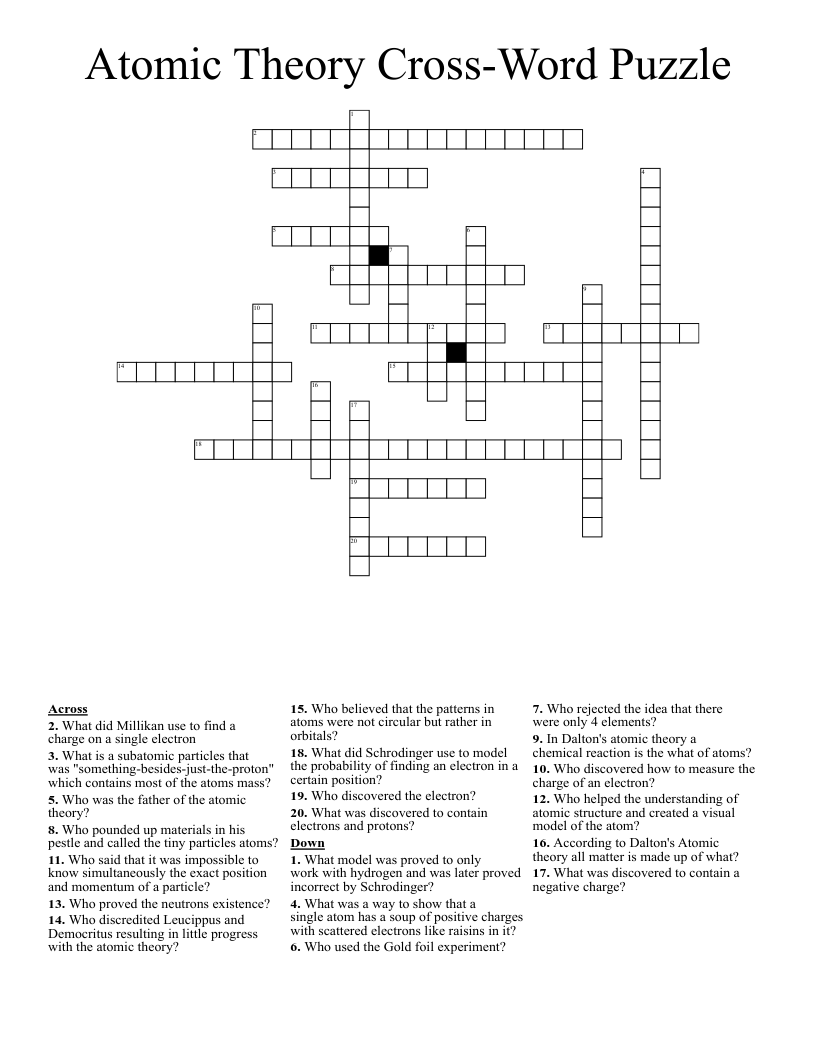 Atomic Theory Cross-Word Puzzle Crossword