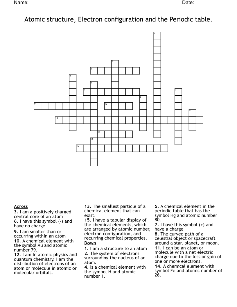Atomic structure, Electron configuration and the Periodic table. Crossword