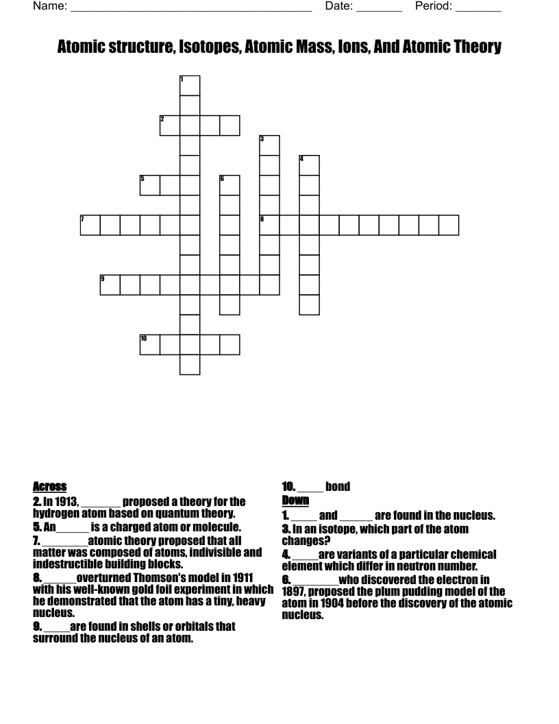 Atomic structure, Isotopes, Atomic Mass, Ions, And Atomic Theory Crossword